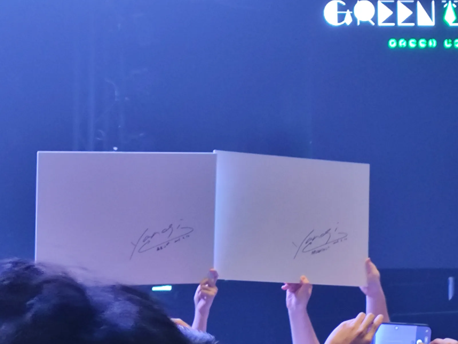 Two large white boards held above the crowd, each signed by Yanagi Nagi, with the GREEN LIGHT stage logo on the screen behind